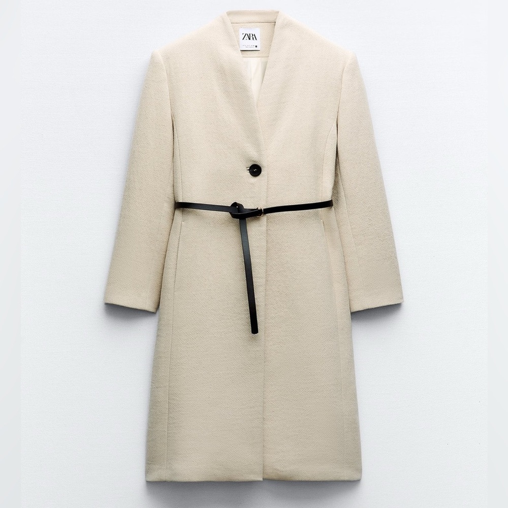 NWT Zara Wool Blend Coat With Leather Belt - Picture 8 of 13